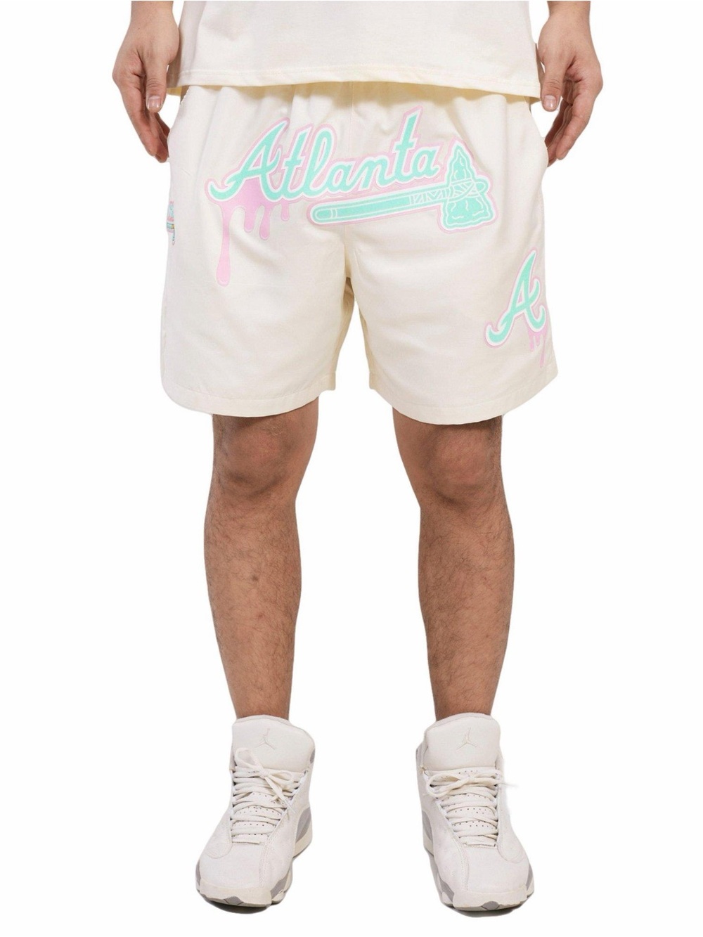 Pro Standard Atlanta Braves Drip Logo Woven Shorts Cream Pink Mint Size S